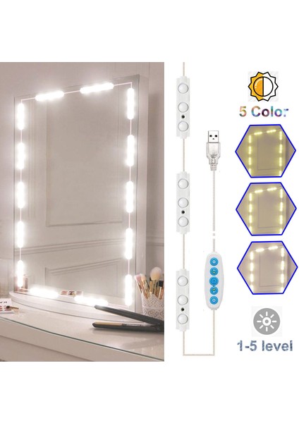 Kısılabilir LED Ayna Işıkları, Aydınlatmalı Makyaj Seti Ayna Işıkları, 5 Renk Için 45 Kısılabilir Led'li 5 Parlaklık Seviyesi USB Güç Kablolu Makyaj Lambası Dimme (Yurt Dışından) modelleri