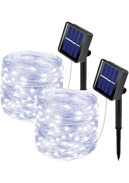 [2 Adet] Güneş Enerjili Dize Işıklar Dış Mekan, 10M 100 LED Dize Işıklar Dış Mekan Suya Dayanıklı Bakır Tel 8 Mod Güneş Enerjili Dize Işıklar Dekorasyon (Beyaz Soğuk) (Yurt Dışından)
