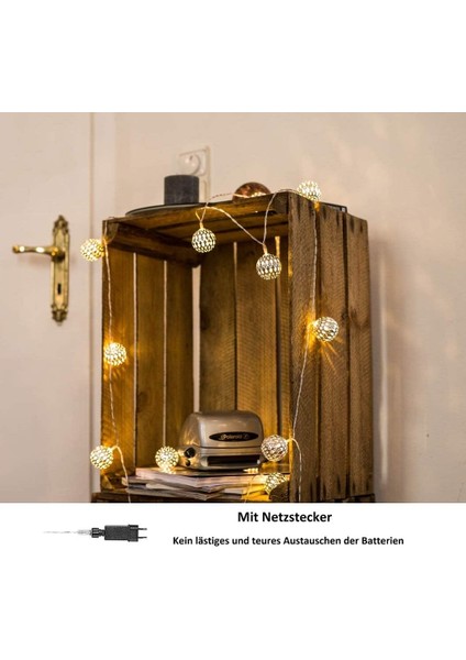 Fas LED Peri Işıkları - 5 Metre | Elektrik Fişi ile Pille Çalıştırılmaz | 50 LED Sıcak Beyaz | Küreler Oryantal | Deko Gümüş (Yurt Dışından) fırsatları