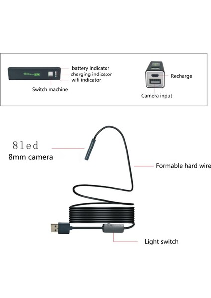 Endüstriyel Endoskop Wifi 5.0 Megapiksel Hd IP68 Su Geçirmez Borescope 8 Ayarlanabilir LED Muayene Kamerası Android Için 600MAH Pil, Ios 4.2 (Ios8.0 Üstü), Windows, Mac, 1m (Yurt Dışından) fiyatları