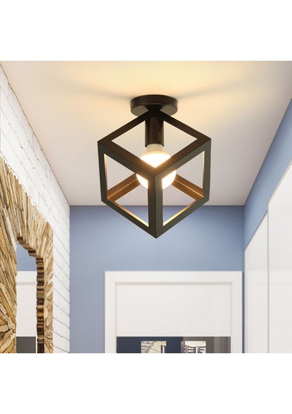 Magıc Endüstriyel Tavan Işık Kare Küp Kafes Metal Demir Retro Avize Kolye Işık E27 Siyah (Yurt Dışından)