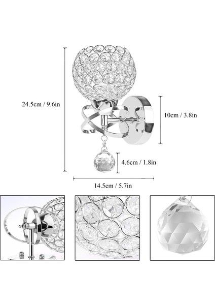 Modern Stil Kristal Kolye Duvar Lambası Yatak Odası Gang Oturma Odası Duvar Aplik E14 Tutucu Soket 2 Adet (Gümüş) (Yurt Dışından) indirimleri