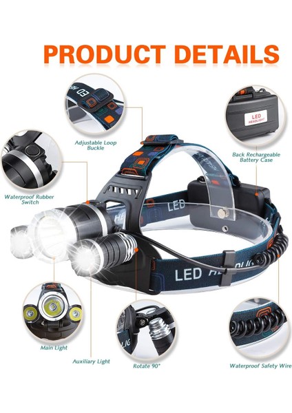 5000LM Xml T6 LED Kafa El Feneri 3 Mod Su Geçirmez 4.200 Mah 2 x Şarj Edilebilir 18650 Piller Şarj Cihazı ve Araç Şarj Cihazı Dahil (Yurt Dışından) modelleri