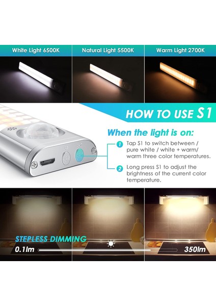 LED Dolap Işığı 80 Led, Hareket Sensörlü Işığı, 3 Aydınlatma Rengi/ 2 Sensör Modu/ayarlanabilir Parlaklık/ Dolap, Mutfak Için USB Şarj Edilebilir Dolap Işığı (Yurt Dışından) modelleri