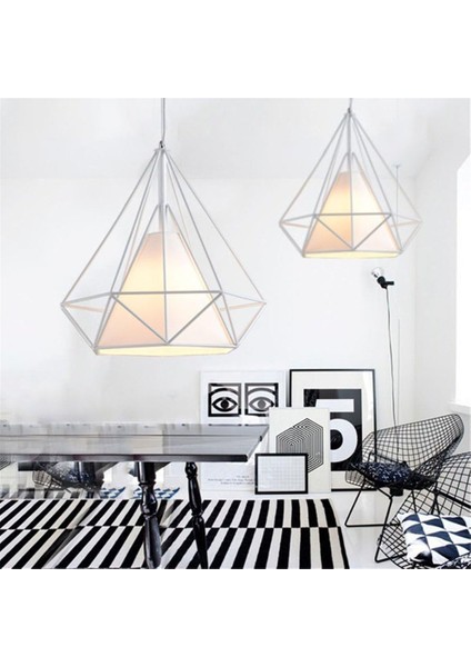 Tavan Lambaları Sarkıt Için Abajur Demir Kafes Avize Endüstriyel Stil Aydınlatma Soketli Elmas Şekli (Ampulsüz) (25CM, Beyaz Destek + Beyaz Abajur) (Yurt Dışından)
