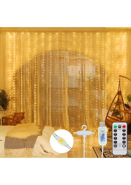 Perde Işıkları - 300 LED 3m*3m Perde Işığı Çelenk 8 Mod Su Geçirmez USB ve Uzaktan Kumanda Yatak Odası Için Iç Mekan Dış Mekan Işık Perdesi Dekorasyonu Noel Düğün Pencere (Yurt Dışından)