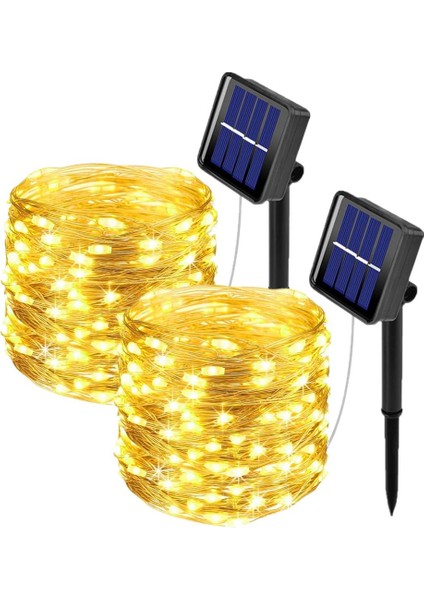 [2 Adet] Güneş Enerjili Dize Işıklar Hariç, 10M 100 LED Dış Mekan Dize Işıklar Su Geçirmez Bakır Tel 8 Mod Güneş Enerjili Dize Işıklar (Sıcak Beyaz) (Yurt Dışından)