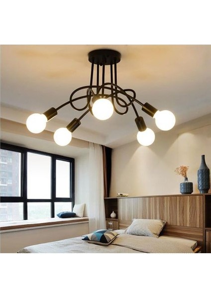 Tavan Lambası Edison 5 Başlıklı Metal Demir Endüstriyel Yaratıcı Siyah, Vintage Sarkıt E27 Işık Fikstürü Retro Yemek Odası Otel Yatak Odası Ev Aydınlatma Aksesuarları - Siyah (Yurt Dışından)