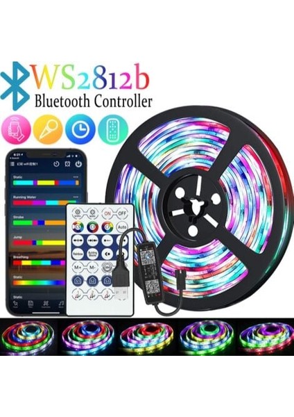 5m Bluetooth Akıllı LED Işık Şeridi WS2812B - Uzaktan Kumanda + Uygulama Ile, Müzik Ritmi / Fonksiyonu ile Senkronize Edin (Yurt Dışından)