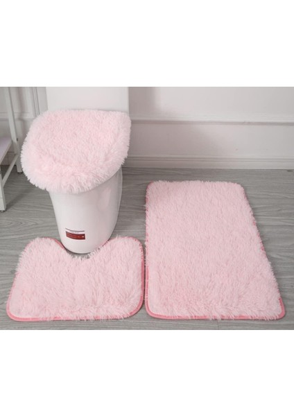 Pvc Flanel Destekli 3 Yumuşak, Kaymaz Mikrofiber Banyo Paspası Seti, Banyo Paspası + Wc Kontur Paspası + Klozet Kapağı, Düz Açık Pembe (Yurt Dışından)