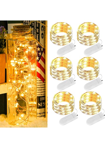 Düğme Pil Peri Işıkları, 6 Parça 2m 20 LED Iç ve Dış Mekan IP65 Bakır Tel Dize Işıklar, Yatak Odası Dekorasyonu, Bahçe, Düğün, Parti, Noel Sıcak Beyaz 6er (Yurt Dışından)