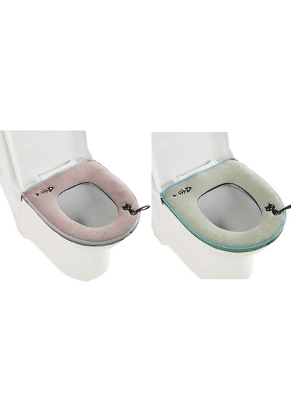 2'li Klozet Kapağı Seti, Fermuarlı, Kalın Deri, Asma Halkalı, Çok Sıcak, Yıkanabilir (Gri + Yeşil) (Yurt Dışından)