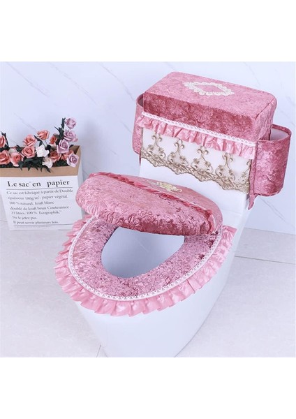 3'lü Peluş Klozet Kapağı Seti Dantelli Klozet Kapağı Sıcak ve Yumuşak Evrensel Banyo Klozet Minderi (Pembe) (Yurt Dışından)