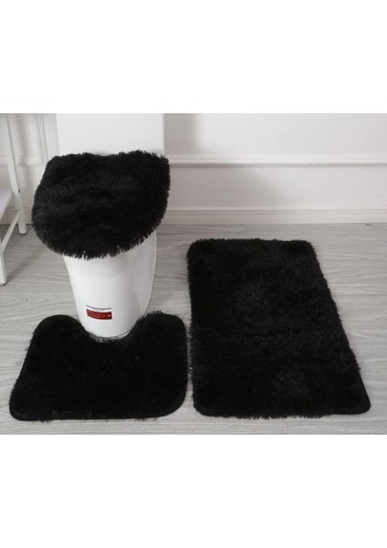 Pvc Flanel Destekli 3 Yumuşak, Kaymaz Mikrofiber Banyo Paspası Seti, Banyo Paspası + Wc Kontur Paspası + Klozet Kapağı, Düz Siyah (Yurt Dışından)