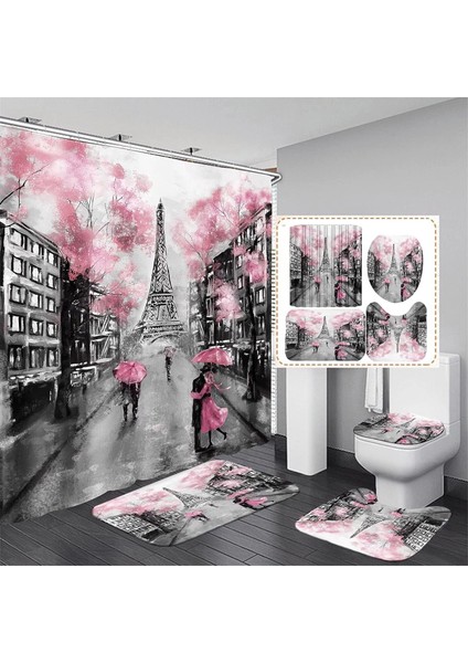U Şeklinde Kaymaz Paspas ve 12 Kancalı Su Geçirmez Klozet Kapağı ile 4 Çift Duş Perdesi Seti Pembe Eyfel Kulesi Deseni (Yurt Dışından)