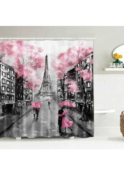 U Şeklinde Kaymaz Paspas ve 12 Kancalı Su Geçirmez Klozet Kapağı ile 4 Çift Duş Perdesi Seti Pembe Eyfel Kulesi Deseni (Yurt Dışından) fiyatları