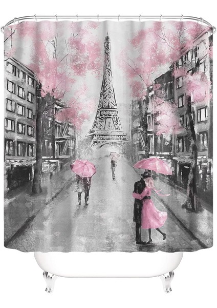 U Şeklinde Kaymaz Paspas ve 12 Kancalı Su Geçirmez Klozet Kapağı ile 4 Çift Duş Perdesi Seti Pembe Eyfel Kulesi Deseni (Yurt Dışından) modelleri
