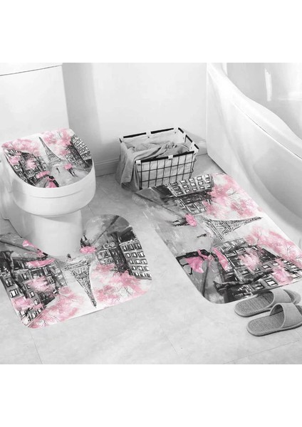 U Şeklinde Kaymaz Paspas ve 12 Kancalı Su Geçirmez Klozet Kapağı ile 4 Çift Duş Perdesi Seti Pembe Eyfel Kulesi Deseni (Yurt Dışından) fırsatları
