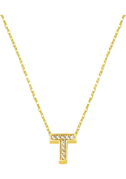 Taşlı T Harfli Minimal Harf Kolye Altın