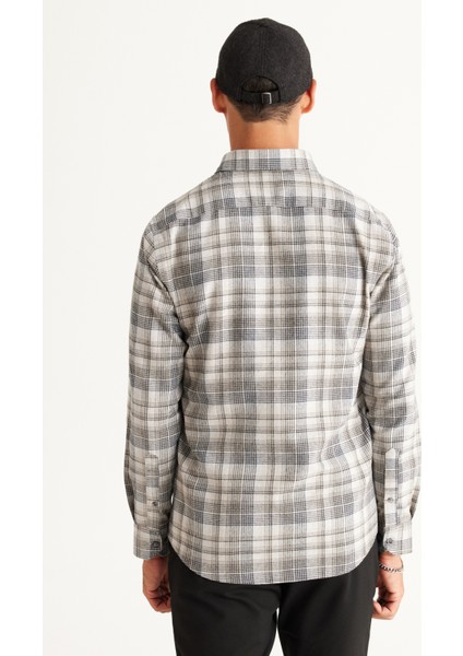ALTINYILDIZ CLASSICS Erkek Gri-Beyaz Slim Fit Dar Kesim Düğmeli Yaka Pamuklu Ekose Desenli Flanel Oduncu Gömlek