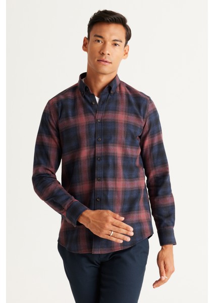 ALTINYILDIZ CLASSICS Erkek Lacivert-Bordo Slim Fit Dar Kesim Düğmeli Yaka Pamuklu Gömlek modelleri