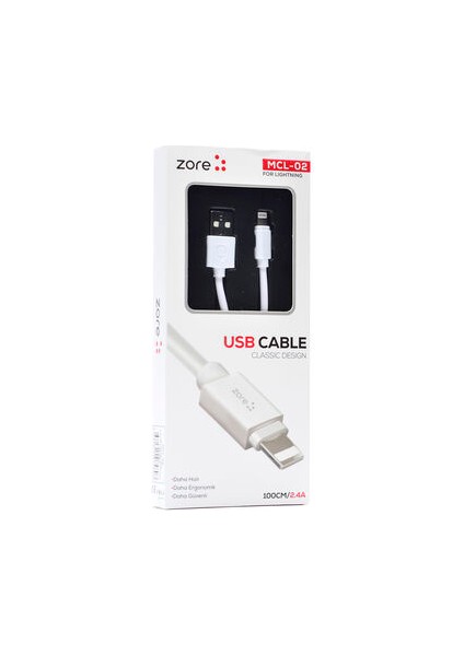 Zore 1 mt Apple Lightning Beyaz USB 2,4A Şarj Kablo MIDI-MCL02