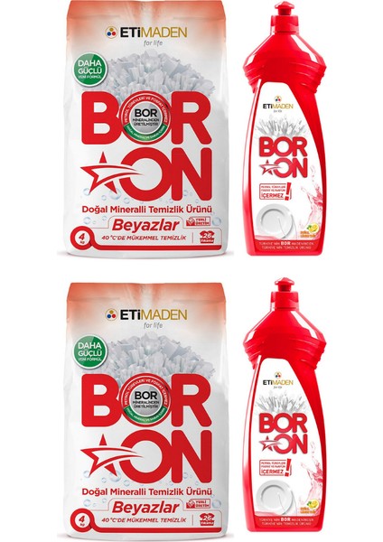 Doğal Mineralli Toz Temizlik Ürünü Beyazlar 2 Adet + Boron Sıvı Elde Bulaşık 2 Adet