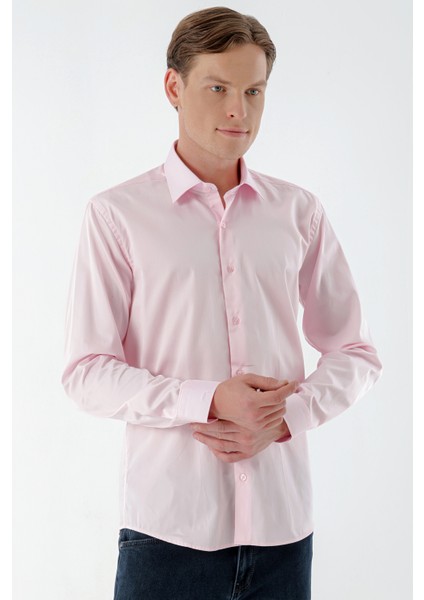 Erkek Pembe Pamuk Saten Düz Desen Slim Fit Gömlek