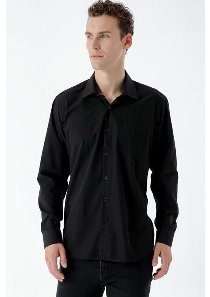 Erkek Siyah Basic Cepli Regular Fit Gömlek modelleri