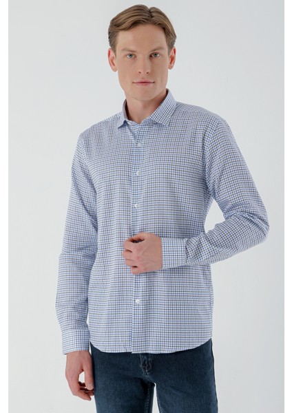 Erkek Mavi B.gabardin Pamuk Desenli Slim Fit Gömlek