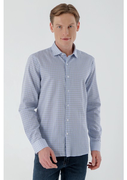 Erkek Mavi B.gabardin Pamuk Desenli Slim Fit Gömlek modelleri