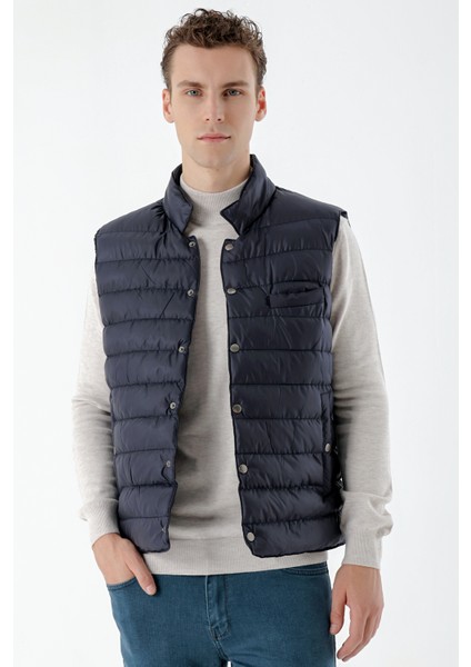 Erkek Lacivert Polyester Çıtçıtlı Kapitone Yelek