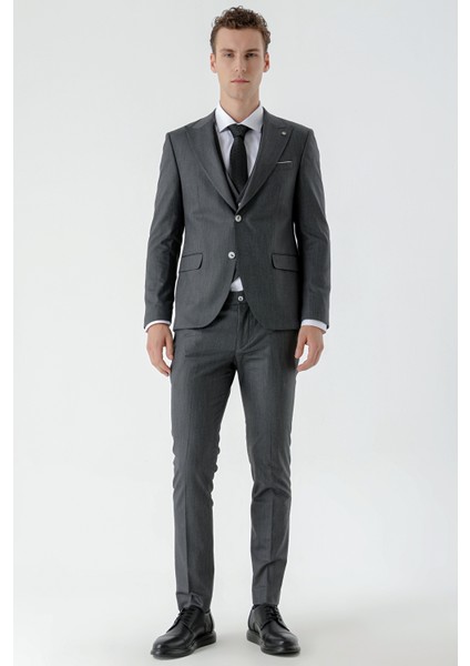Erkek Siyah Poliviskon Trend Yelekli Desenli Slim Fit Sivri Yaka Takım Elbise