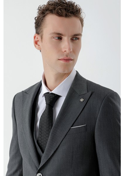 Erkek Siyah Poliviskon Trend Yelekli Desenli Slim Fit Sivri Yaka Takım Elbise indirimleri