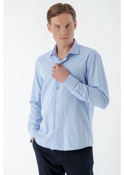 Erkek Mavi Trend Baskılı Desenli Italyan Yaka Slim Fit Gömlek fiyatları