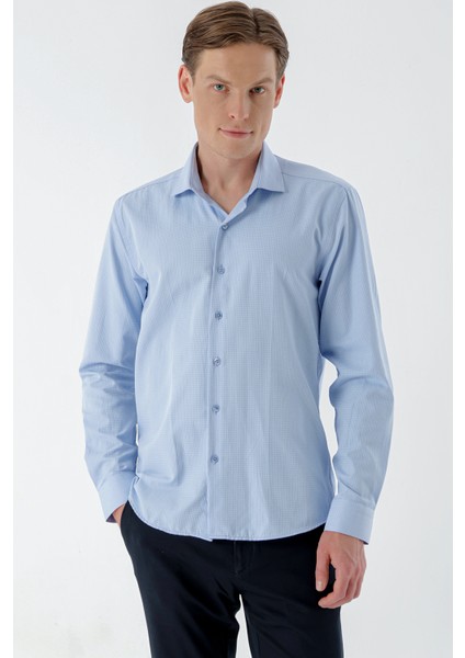 Erkek Mavi Trend Baskılı Desenli Italyan Yaka Slim Fit Gömlek modelleri