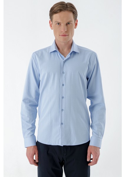 Erkek Mavi Trend Baskılı Desenli Italyan Yaka Slim Fit Gömlek fırsatları