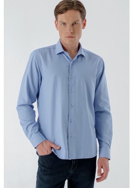Erkek Mavi Trend Baskılı Desenli Italyan Yaka Slim Fit Gömlek modelleri
