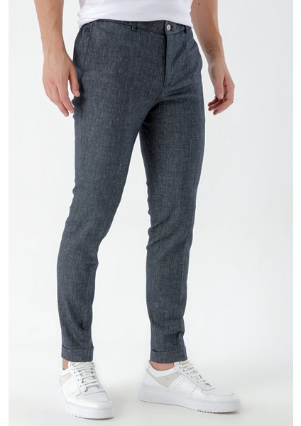 Erkek Lacivert Poliviskon Keten Desenli Yandan Lastikli Slim Fit Pantolon modelleri