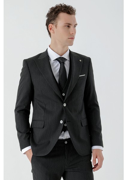 Erkek Siyah Poliviskon Trend Yelekli Çizgili Desen Slim Fit Sivri Yaka Takım Elbise modelleri