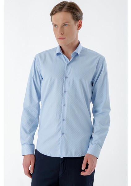 Erkek A. Mavi Trend Çizgili Panolu Italyan Yaka Slim Fit Gömlek modelleri