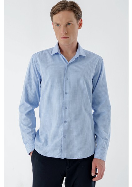 Erkek Mavi Trend Baskılı Desenli Italyan Yaka Slim Fit Gömlek modelleri