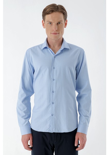 Erkek Mavi Trend Baskılı Desenli Italyan Yaka Slim Fit Gömlek indirimleri