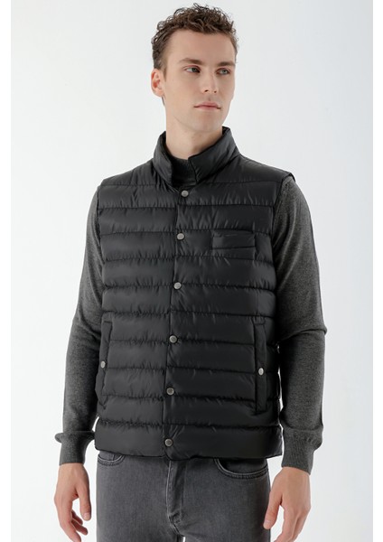 Erkek Siyah Polyester Çıtçıtlı Kapitone Yelek