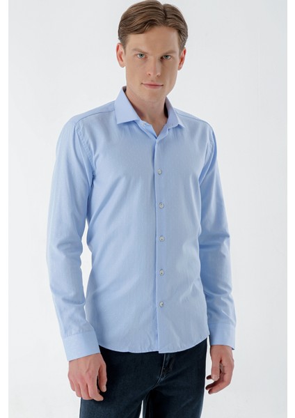 Erkek A. Mavi Parma Armür Şamre Desenli Slim Fit Gömlek