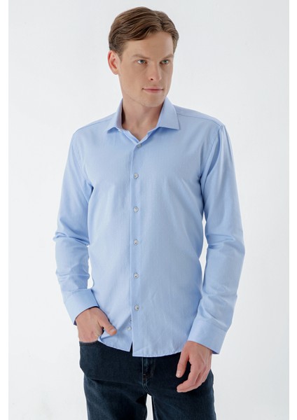 Erkek A. Mavi Parma Armür Şamre Desenli Slim Fit Gömlek modelleri