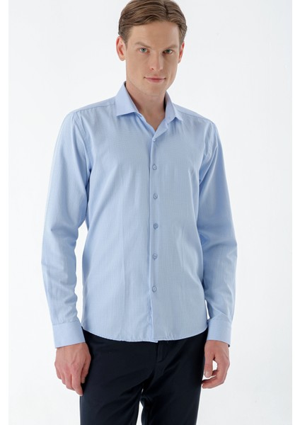 Erkek Mavi Trend Baskılı Desenli Italyan Yaka Slim Fit Gömlek