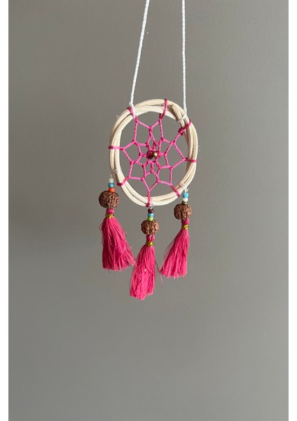 Rattan Kasnaklı El Yapımı Araba Süsü/kapı Süsü Düş Kapanı/dreamcatcher-Pembe-7 cm Çap