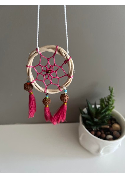 Rattan Kasnaklı El Yapımı Araba Süsü/kapı Süsü Düş Kapanı/dreamcatcher-Pembe-7 cm Çap