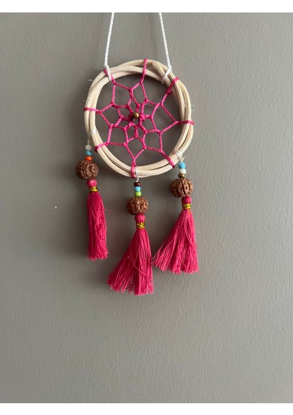 Rattan Kasnaklı El Yapımı Araba Süsü/kapı Süsü Düş Kapanı/dreamcatcher-Pembe-7 cm Çap